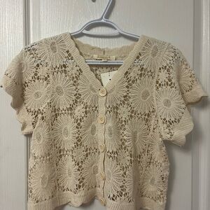 Cream Crochet Button-Up Cardigan